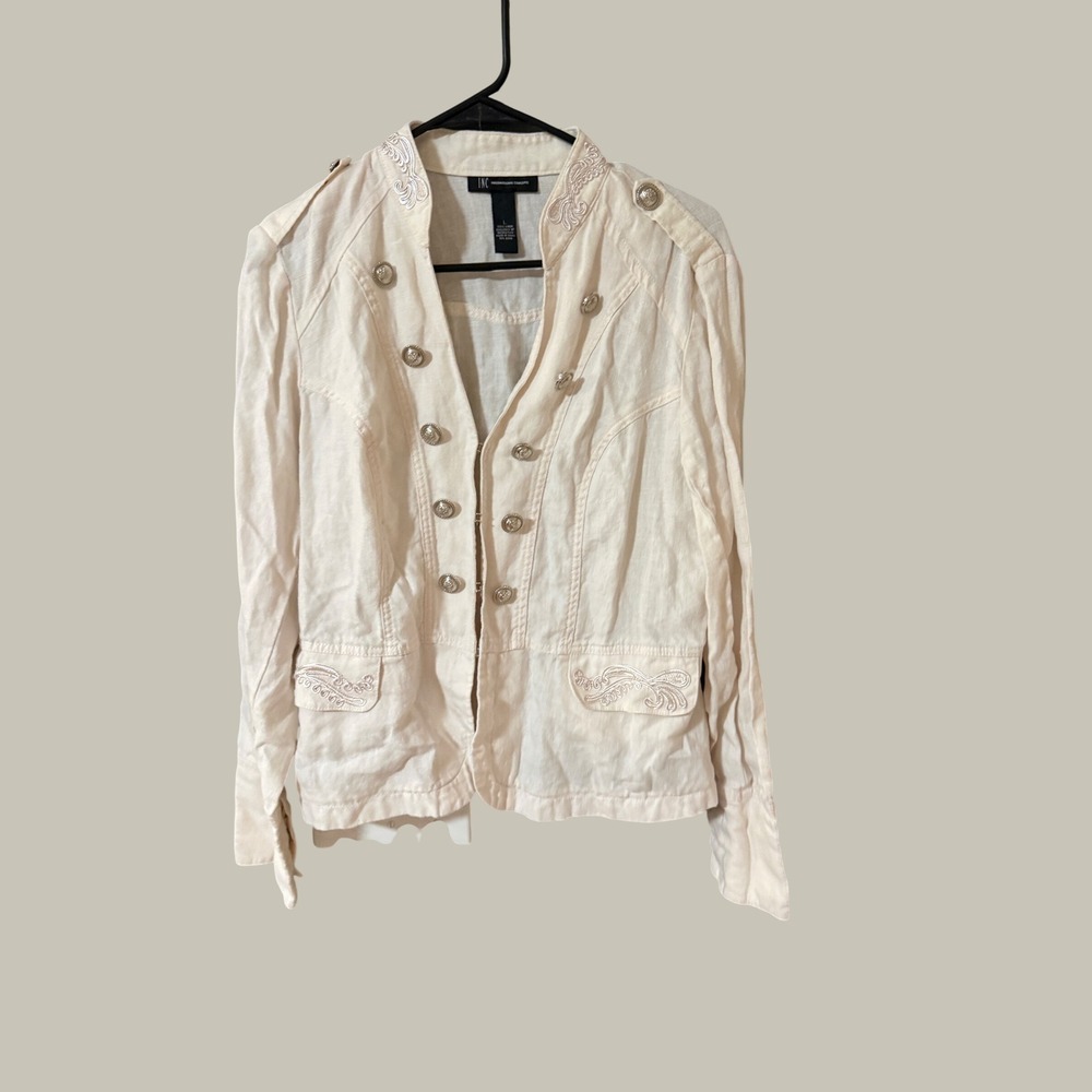 INC International‎ Concepts Y2k Cream 100 Linen Military Jacket Embroidery L